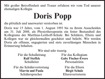Traueranzeige von Doris Popp von Lübecker Nachrichten