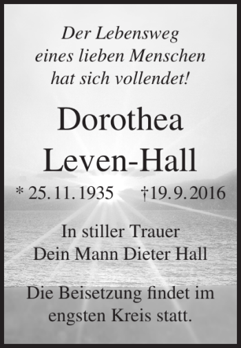 Traueranzeige von DorotheaLeven-Hall  von Ostsee-Zeitung
