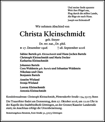 Traueranzeige von Dr. Christa Kleinschmidt von Göttinger Tageblatt