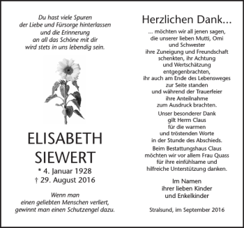 Traueranzeige von ELISABETH SIEWErT von Ostsee-Zeitung