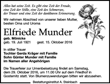 Traueranzeige von Elfriede Munder von Leipziger Volkszeitung