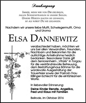 Traueranzeige von Elsa Dannewitz von Torgauer Zeitung