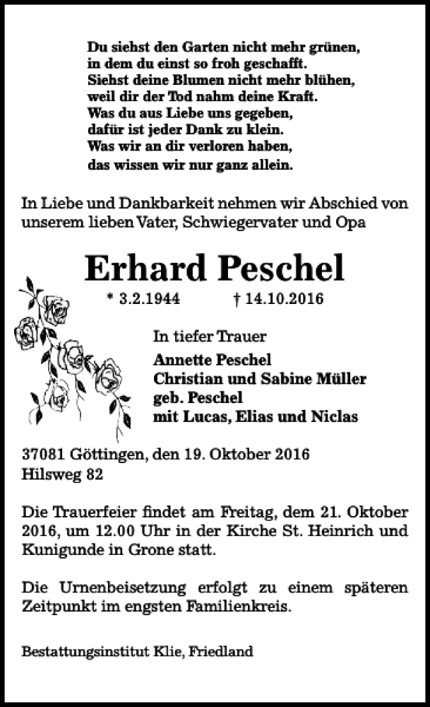  Traueranzeige für Erhard Peschel vom 19.10.2016 aus Göttinger Tageblatt
