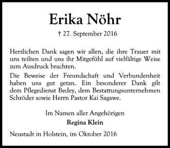 Traueranzeige von Erika Nöhr von Lübecker Nachrichten