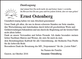 Traueranzeige von Ernst Ostenberg von Ostsee-Zeitung