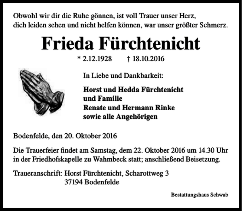  Traueranzeige für Frieda Fürchtenicht vom 20.10.2016 aus Göttinger Tageblatt