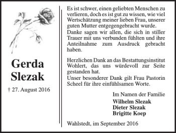 Traueranzeige von Gerda Slezak von Kieler Nachrichten / Segeberger Zeitung