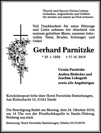 Traueranzeige von Gerhard Parnitzke von Peiner Allgemeine Zeitung