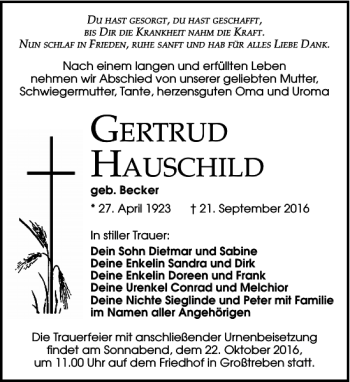 Traueranzeige von Gertrud Hauschild von Torgauer Zeitung