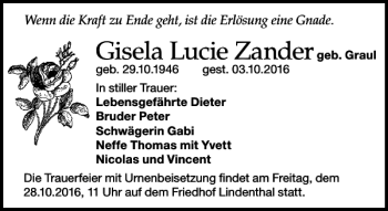 Traueranzeige von Gisela Lucie Zander von Leipziger Volkszeitung