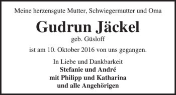 Traueranzeige von Gudrun Jäckel von Lübecker Nachrichten