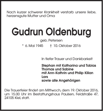 Traueranzeige von Gudrun Oldenburg von Kieler Nachrichten / Segeberger Zeitung