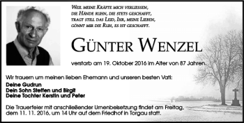 Traueranzeige von Günter Wenzel von Torgauer Zeitung