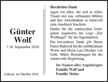 Traueranzeige von Günter Wolf von Lübecker Nachrichten
