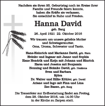 Traueranzeige von Hanna David von Lübecker Nachrichten