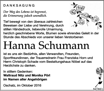 Traueranzeige von Hanna Schumann von Leipziger Volkszeitung