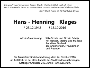 Traueranzeige von Hans-Henning Klages von HAZ/NP