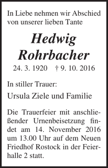 Traueranzeige von Hedwig Rohrbacher von Ostsee-Zeitung