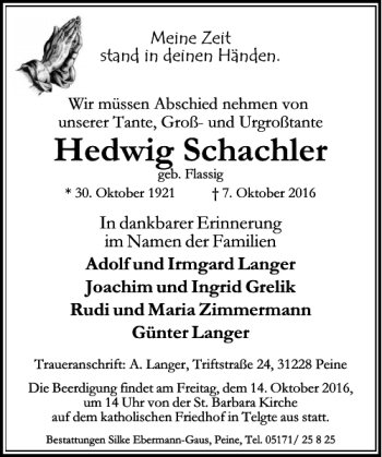 Traueranzeige von Hedwig Schachler von Peiner Allgemeine Zeitung