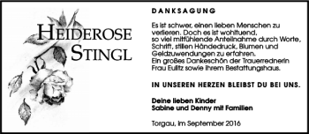 Traueranzeige von Heiderose Stingl von Torgauer Zeitung