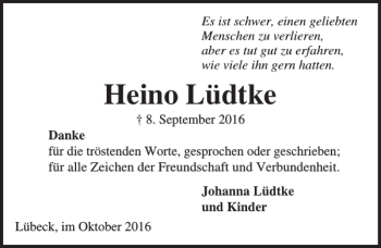 Traueranzeige von Heino Lüdtke von Lübecker Nachrichten