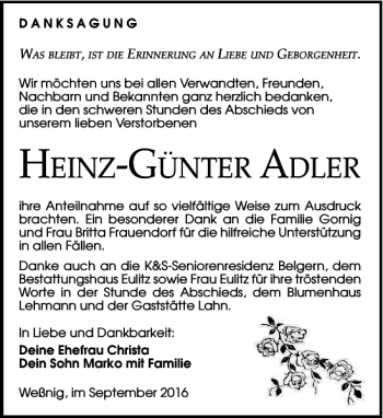 Traueranzeige von Heinz-Günter Adler von Torgauer Zeitung