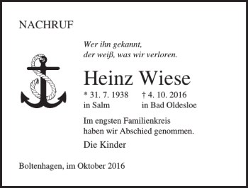 Traueranzeige von Heinz Wiese von Ostsee-Zeitung