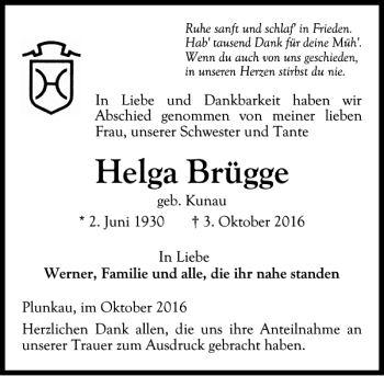 Traueranzeige von Helga Brügge von Lübecker Nachrichten