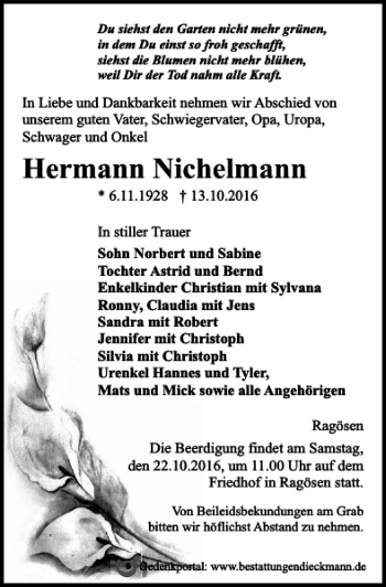 Traueranzeige von Hermann Nichelmann von MAZ-Trauer.de