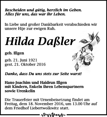Traueranzeige von Hilda Daßler von Leipziger Volkszeitung
