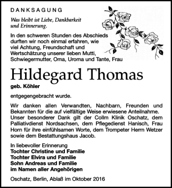 Traueranzeige von Hildegard Thomas von Leipziger Volkszeitung