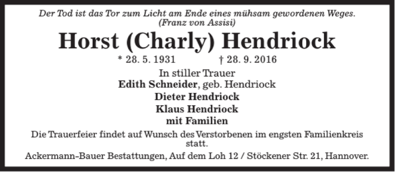  Traueranzeige für Horst (Charly) Hendriock vom 08.10.2016 aus HAZ/NP