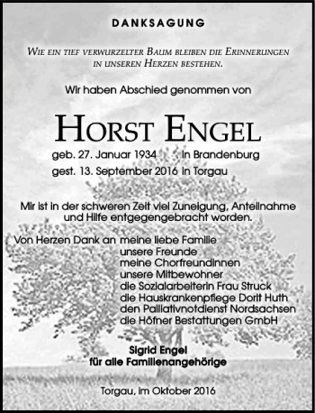 Traueranzeige von Horst Engel von Torgauer Zeitung