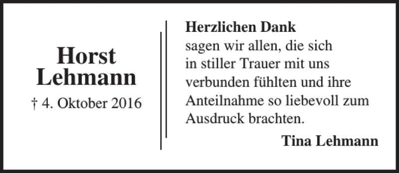  Traueranzeige für Horst Lehmann vom 30.10.2016 aus Lübecker Nachrichten