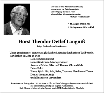 Traueranzeige von Horst Theodor Detlef Langniß von Kieler Nachrichten / Segeberger Zeitung