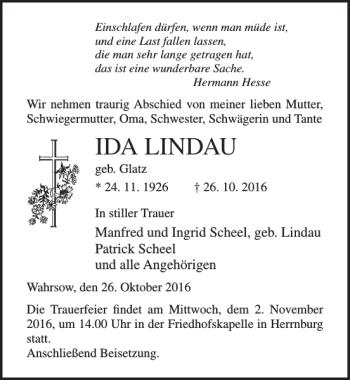 Traueranzeige von Ida Lindau von Ostsee-Zeitung