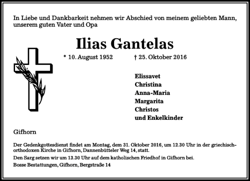  Traueranzeige für Ilias Gantelas vom 28.10.2016 aus Aller Zeitung / Wolfsburger Allgemeine