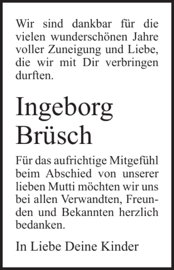 Traueranzeige von Ingeborg Brüsch von Ostsee-Zeitung
