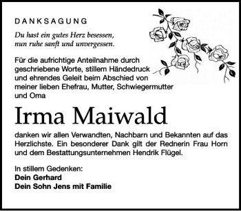 Traueranzeige von Irma Maiwald von Leipziger Volkszeitung