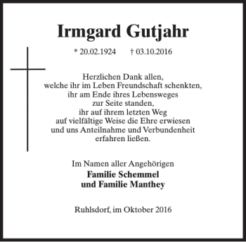 Traueranzeige von Irmgard Gutjahr von MAZ-Trauer.de