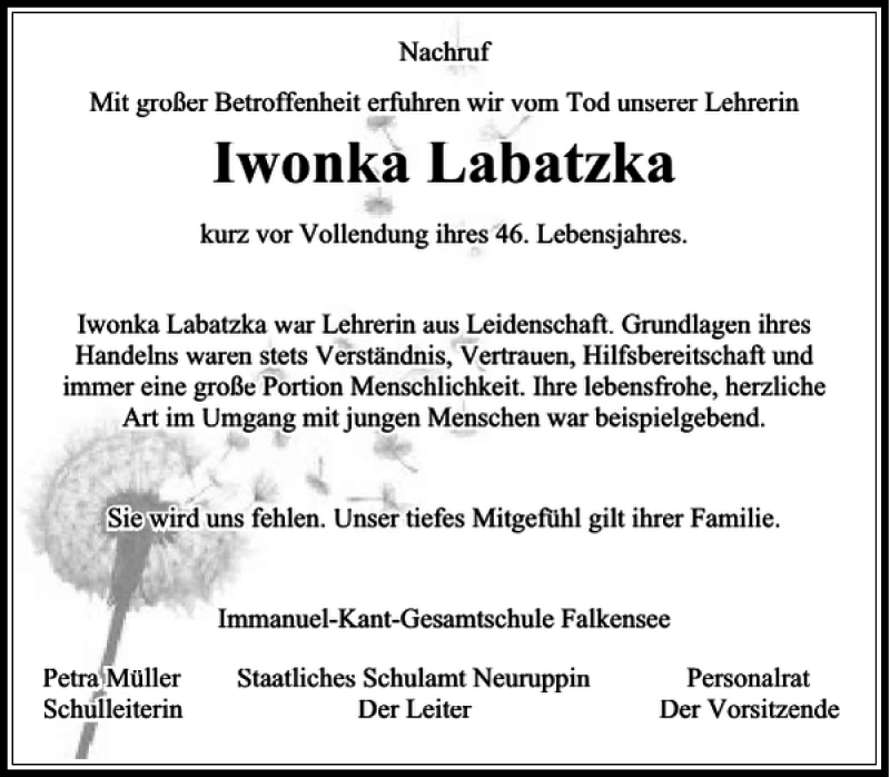  Traueranzeige für Iwonka Labatzka vom 01.10.2016 aus MAZ-Trauer.de