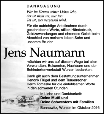 Traueranzeige von Jens Naumann von Leipziger Volkszeitung