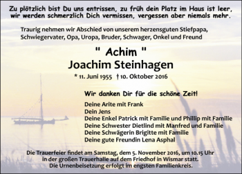 Traueranzeige von Joachim Steinhagen von Ostsee-Zeitung