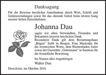 Traueranzeige von Johanna Dau von Ostsee-Zeitung
