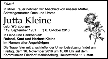 Traueranzeige von Jutta Kleine von Leipziger Volkszeitung