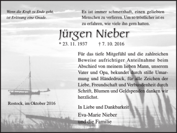 Traueranzeige von Jürgen Nieber von Ostsee-Zeitung