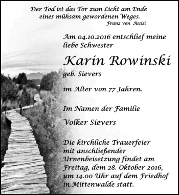 Traueranzeige von Karin Rowinski von MAZ-Trauer.de