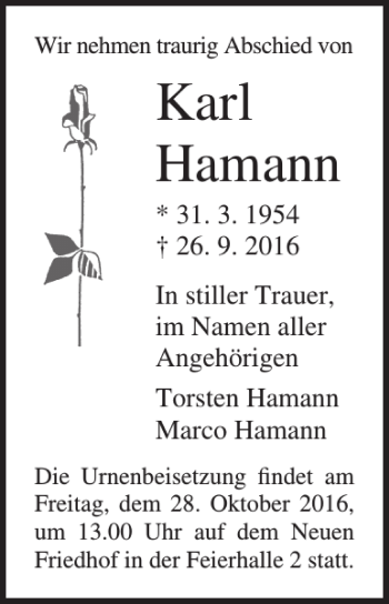Traueranzeige von Karl Hamann von Ostsee-Zeitung