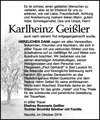 Traueranzeige von Karlheinz Geißler von Leipziger Volkszeitung