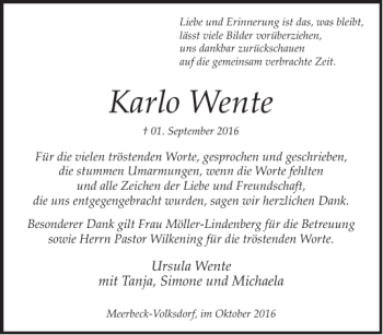Traueranzeige von Karlo Wente von Schaumburger Nachrichten